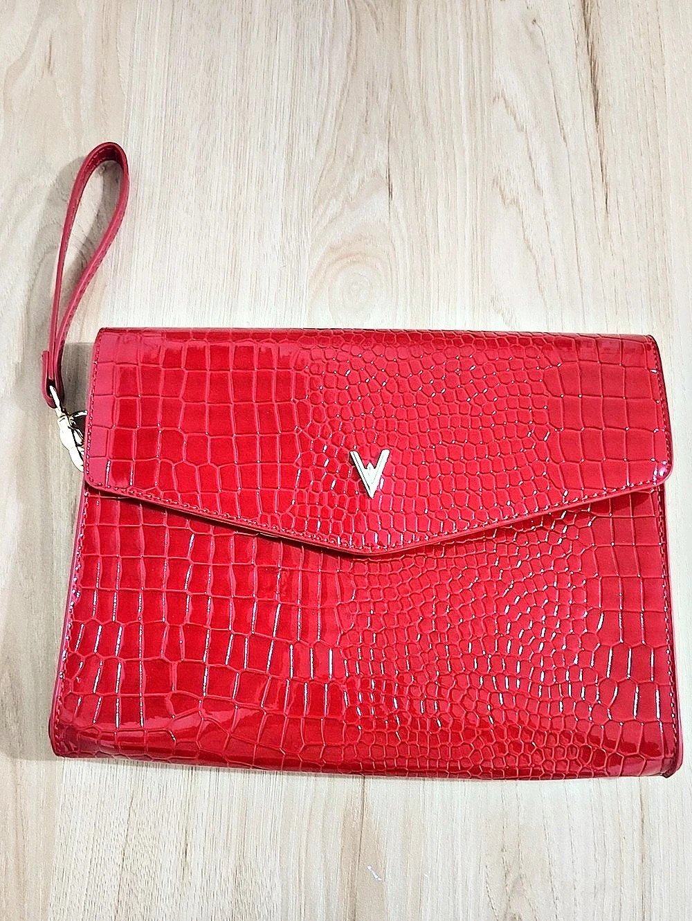 Red Crocodile-Embossed Wristlet Clutch